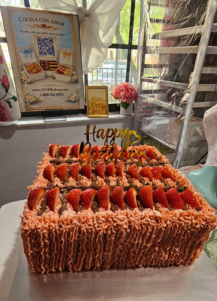 Chocolate Ganache Strawberry Birthday Cake  (12in. 3 layers)  Chocolate Tres Leche Ganache Filling. 36 Large Slices- *can feed 2 people per slice
