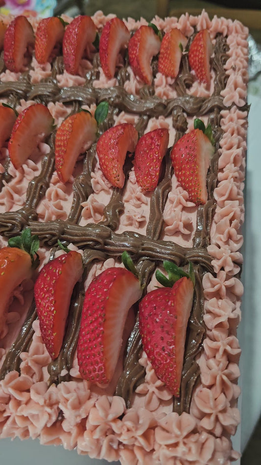 Chocolate Ganache Strawberry Cake (12in. 3 layers) Chocolate Tres Leche Ganache Filling. *36 Large Slices- can feed 2 people per slice.   **Also, available in 10 inch, and 8 inch cakes**