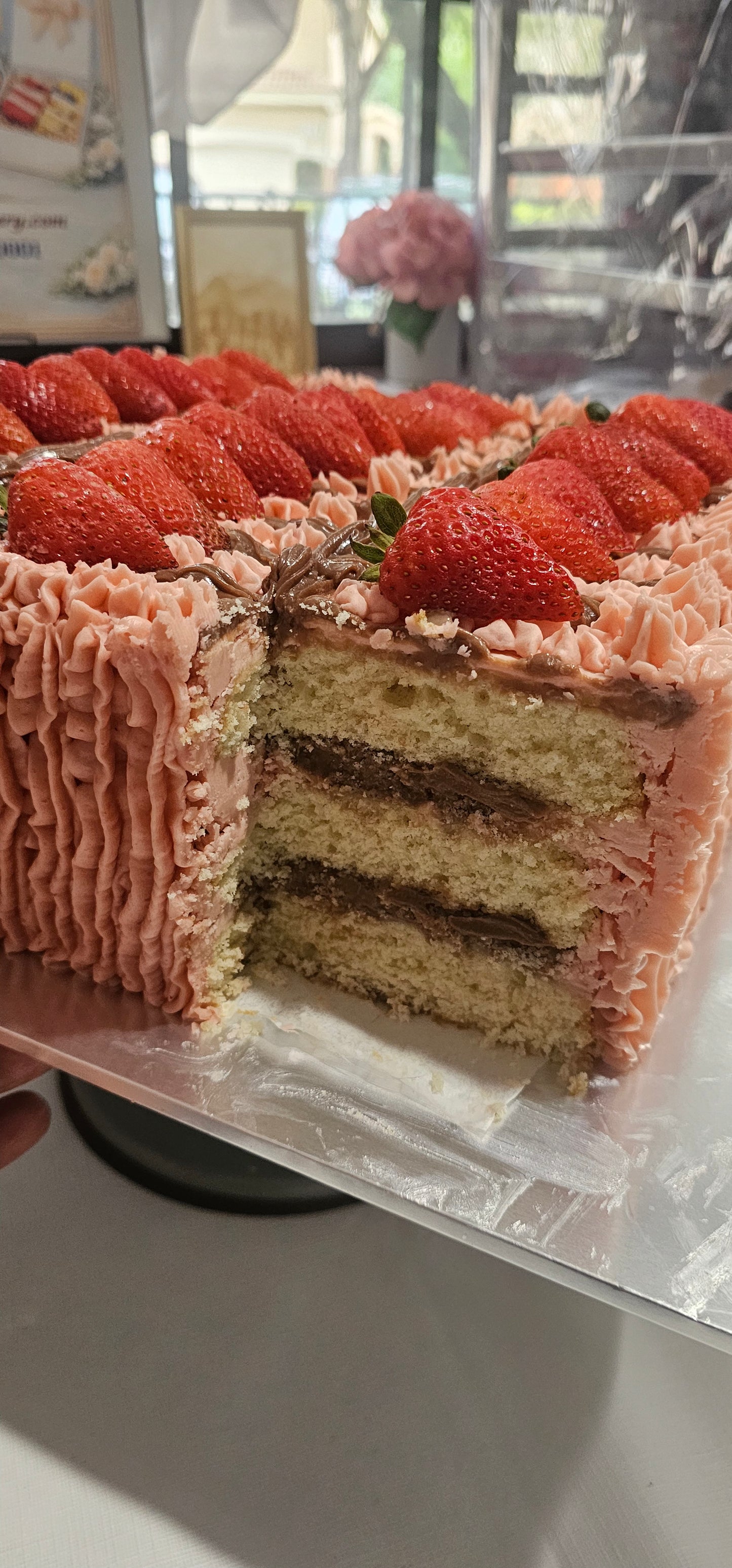Chocolate Ganache Strawberry Cake (12in. 3 layers) Chocolate Tres Leche Ganache Filling. *36 Large Slices- can feed 2 people per slice.   **Also, available in 10 inch, and 8 inch cakes**