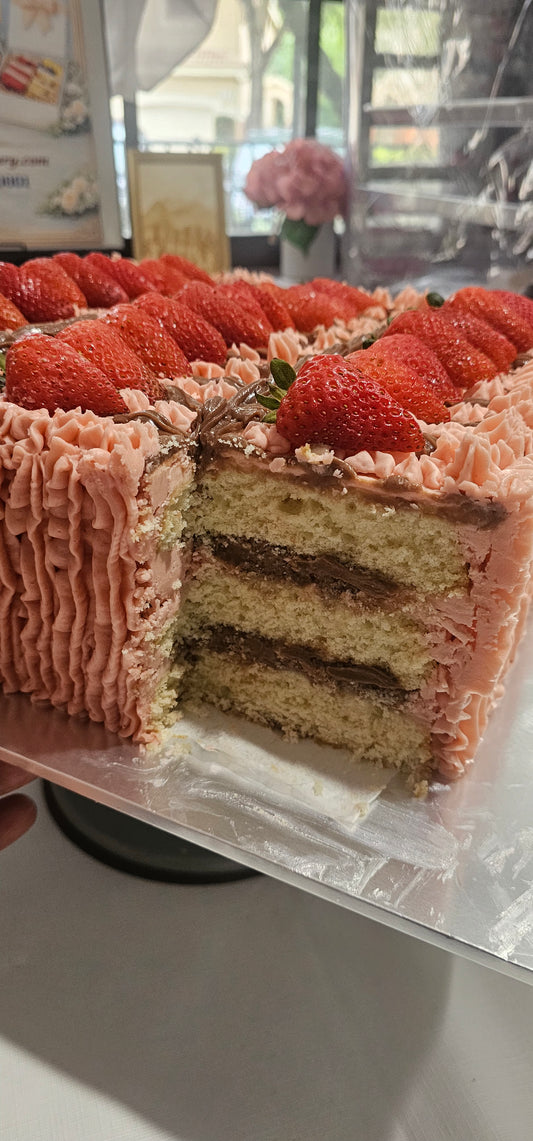 Chocolate Ganache Strawberry Cake (12in. 3 layers) Chocolate Tres Leche Ganache Filling. *36 Large Slices- can feed 2 people per slice.   **Also, available in 10 inch, and 8 inch cakes**