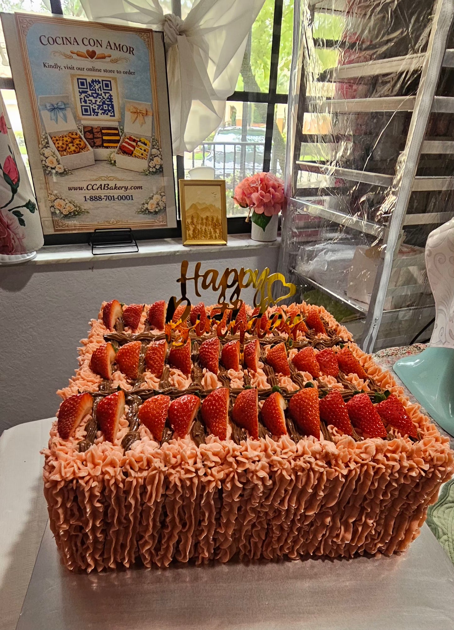 Chocolate Ganache Strawberry Cake (12in. 3 layers) Chocolate Tres Leche Ganache Filling. *36 Large Slices- can feed 2 people per slice.   **Also, available in 10 inch, and 8 inch cakes**